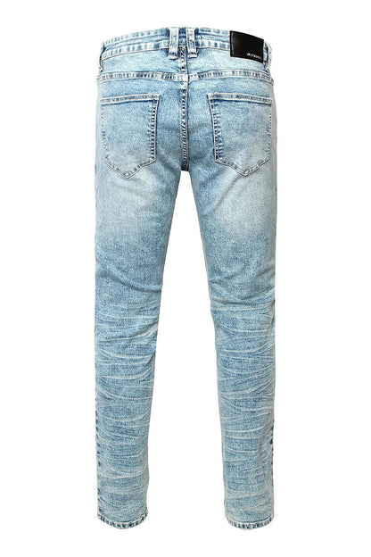 Distressed Stacked Washed Biker Denim Jeans