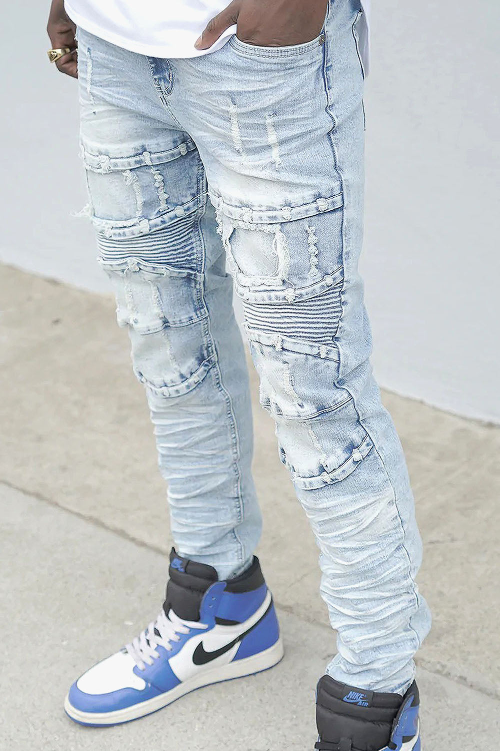 Distressed Stacked Washed Biker Denim Jeans