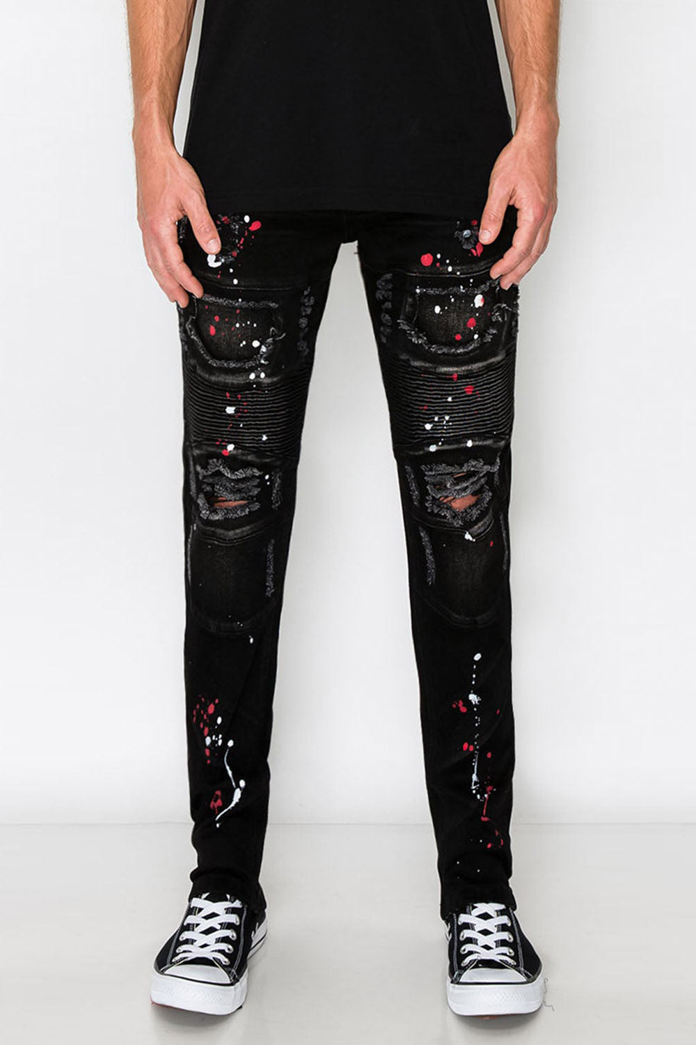Stacked Paint Splatter Biker Jeans