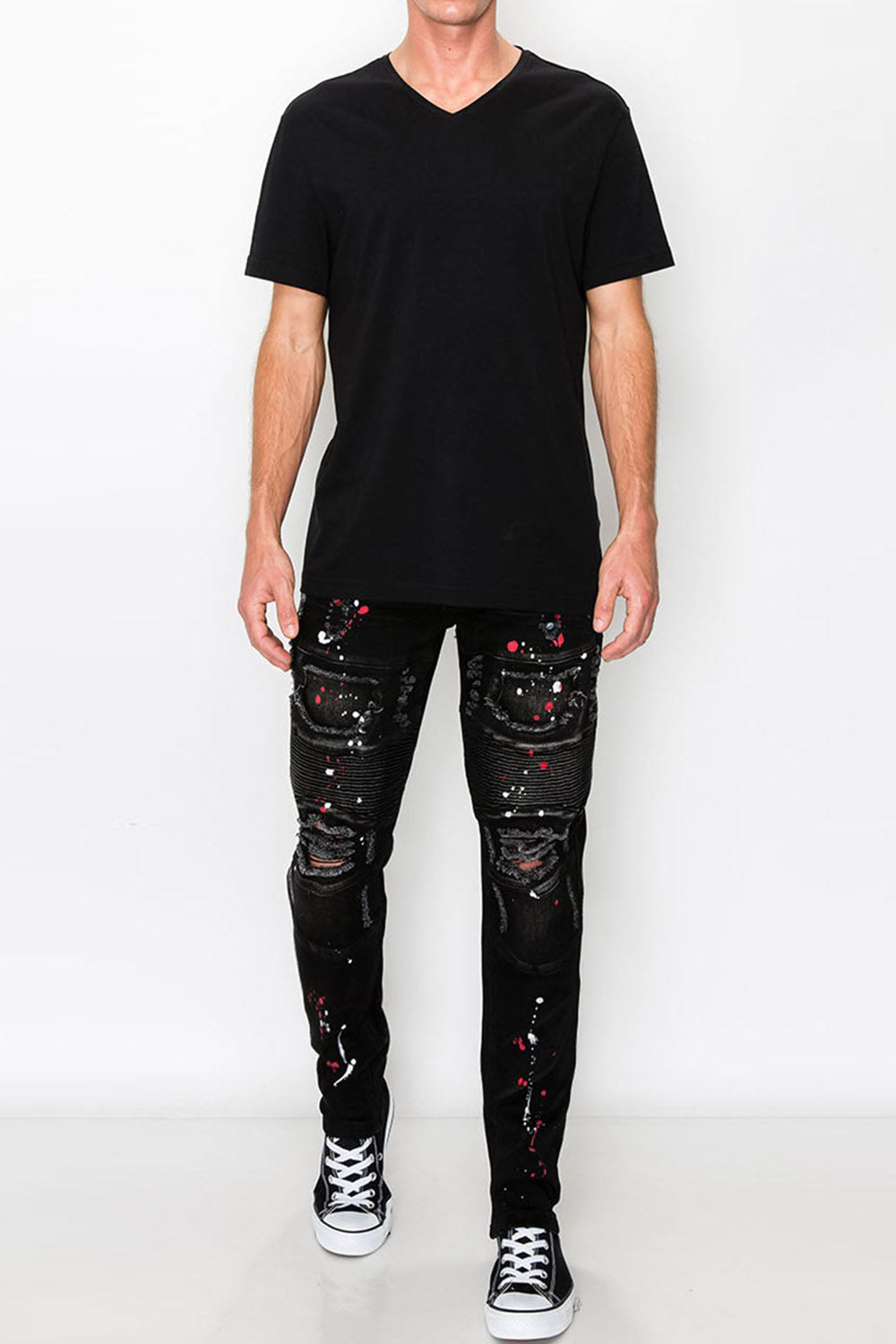 Stacked Paint Splatter Biker Jeans