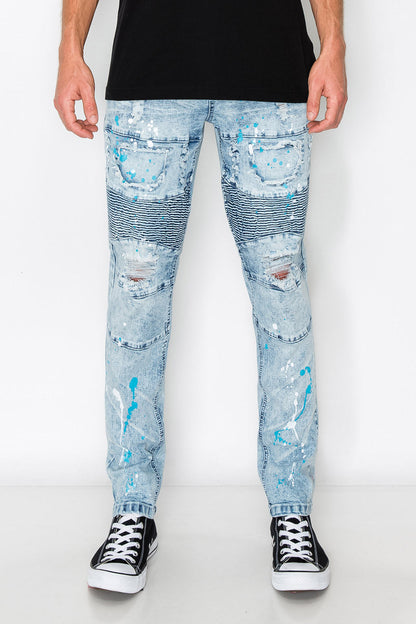 Stacked Paint Splatter Biker Jeans
