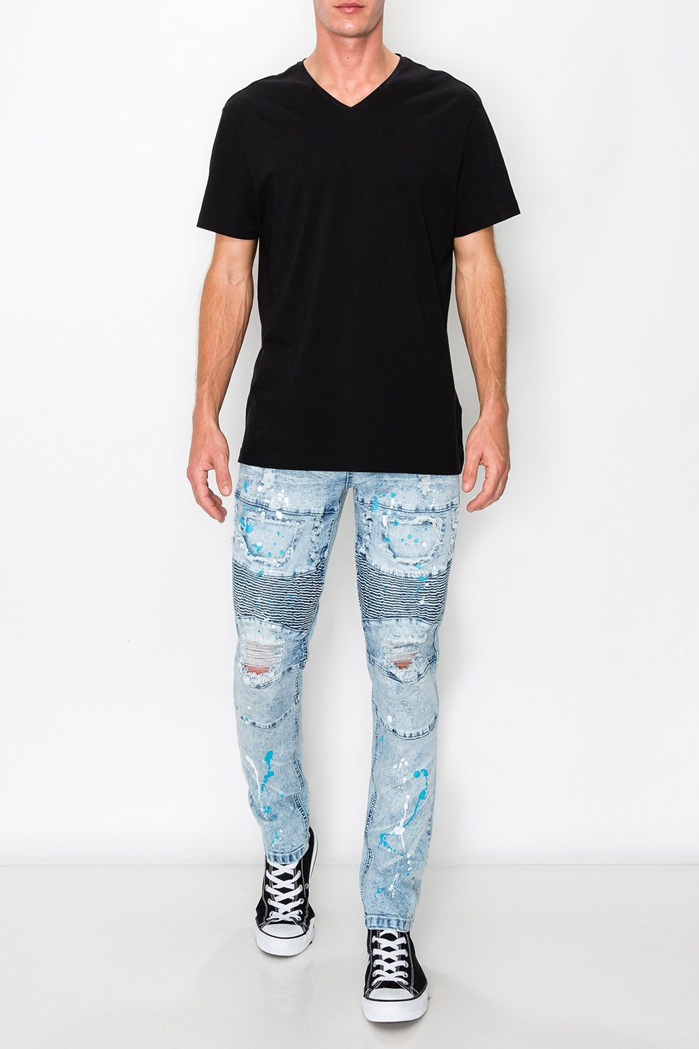 Stacked Paint Splatter Biker Jeans