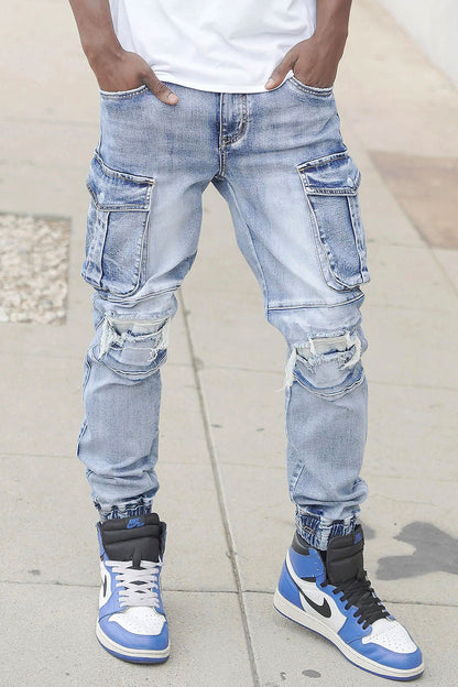 Distressed Washed Cargo Denim Joggers