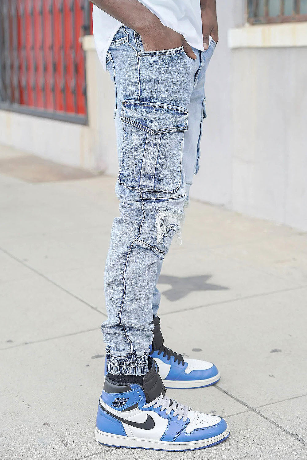 Distressed Washed Cargo Denim Joggers