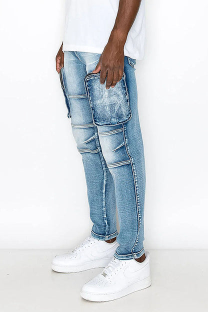 Washed Zippered Cargo Denim Jeans