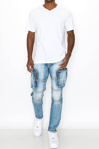 Washed Zippered Cargo Denim Jeans