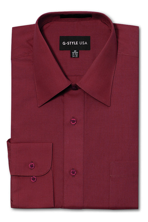 Men's Basic Solid Color Button Up Dress Shirt (Burgundy)