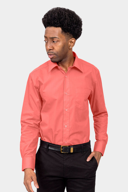 Men's Basic Solid Color Button Up Dress Shirt (Coral)