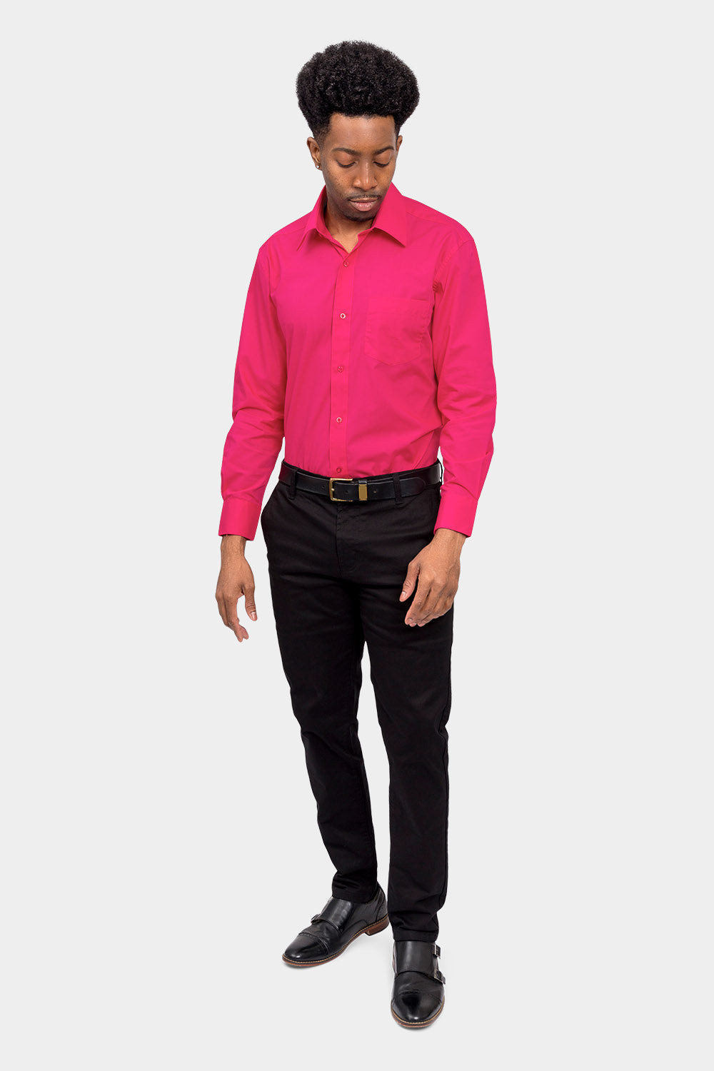 Men's Basic Solid Color Button Up Dress Shirt (Fuchsia)
