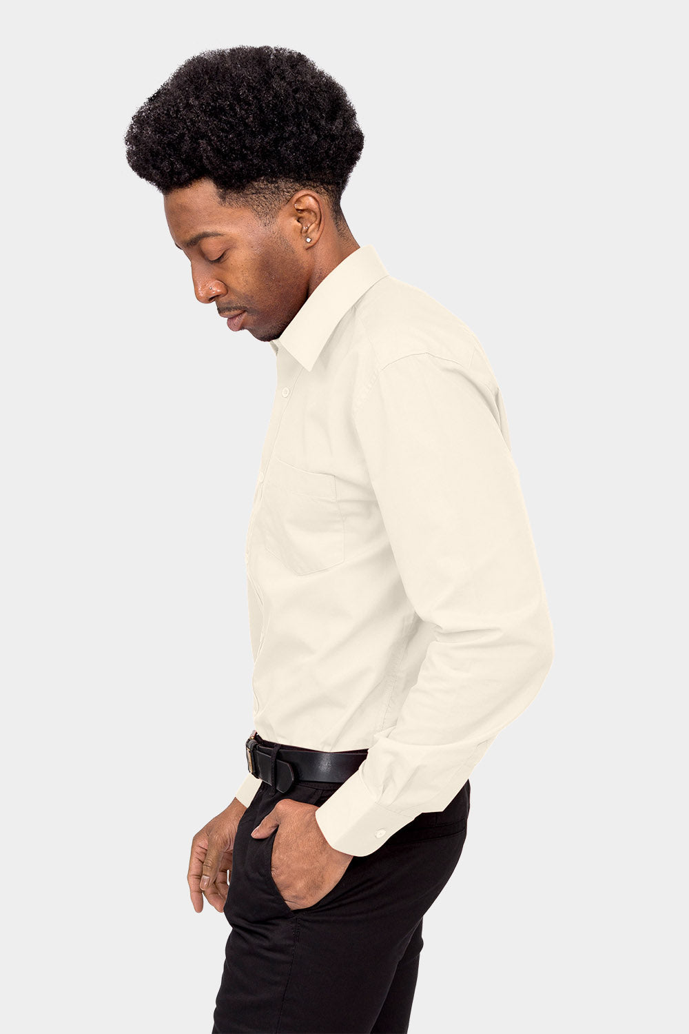 Men's Basic Solid Color Button Up Dress Shirt (Ivory)
