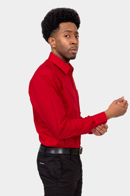 Men's Basic Solid Color Button Up Dress Shirt (Red)