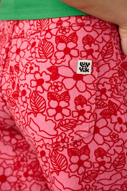 Drew - Cropped Straight Leg Cotton Trousers in Red & Pink Kahlo Bloom