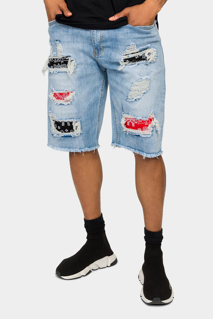 Ripped Bandana Repair Denim Shorts