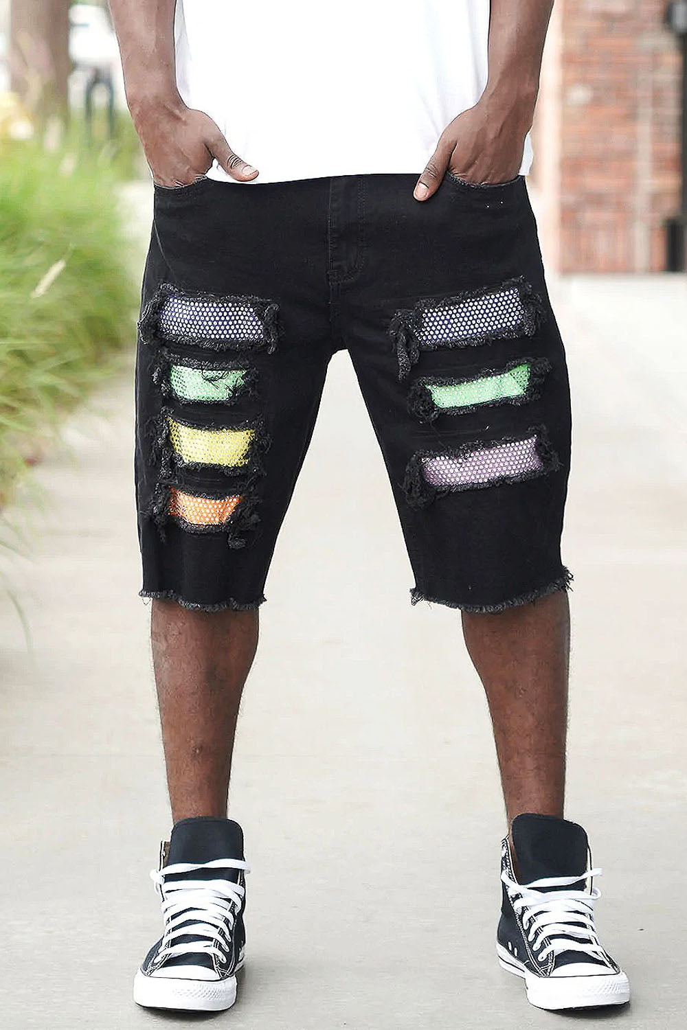 Multi Color Crystal Embellished Denim Shorts