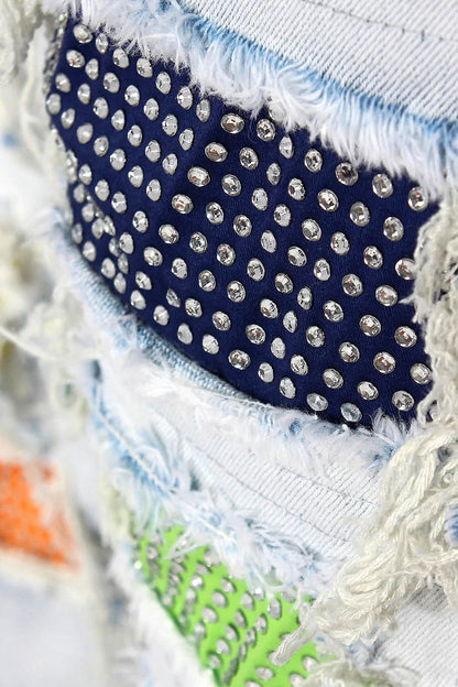 Multi Color Crystal Embellished Denim Shorts