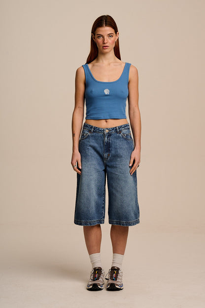 Eden - Cotton Ribbed Vest in Blue Shell Embroidery