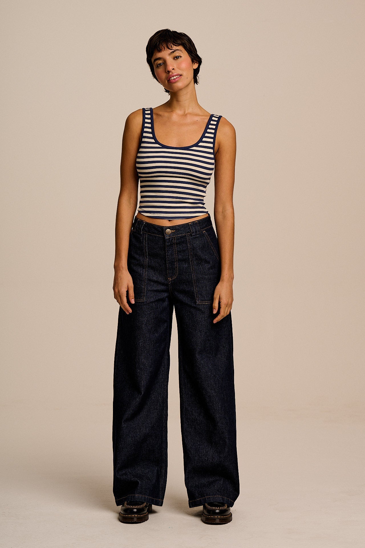 Eden - Cotton Ribbed Vest in Navy & Ecru Stripe