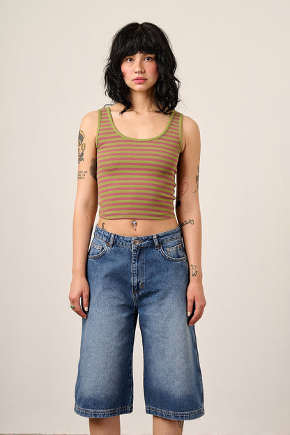 Eden - Cotton Ribbed Vest in Green & Red Stripe