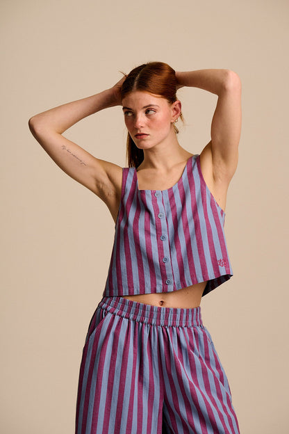 Etoile - Cotton Button Up Tank in Burgundy & Blue Stripe