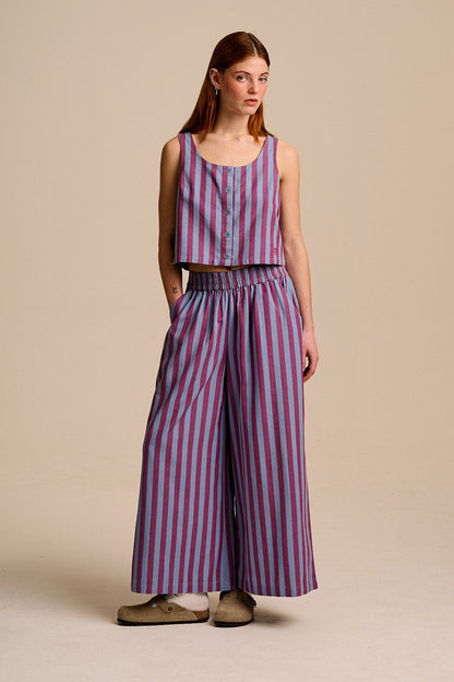 Etoile - Cotton Button Up Tank in Burgundy & Blue Stripe