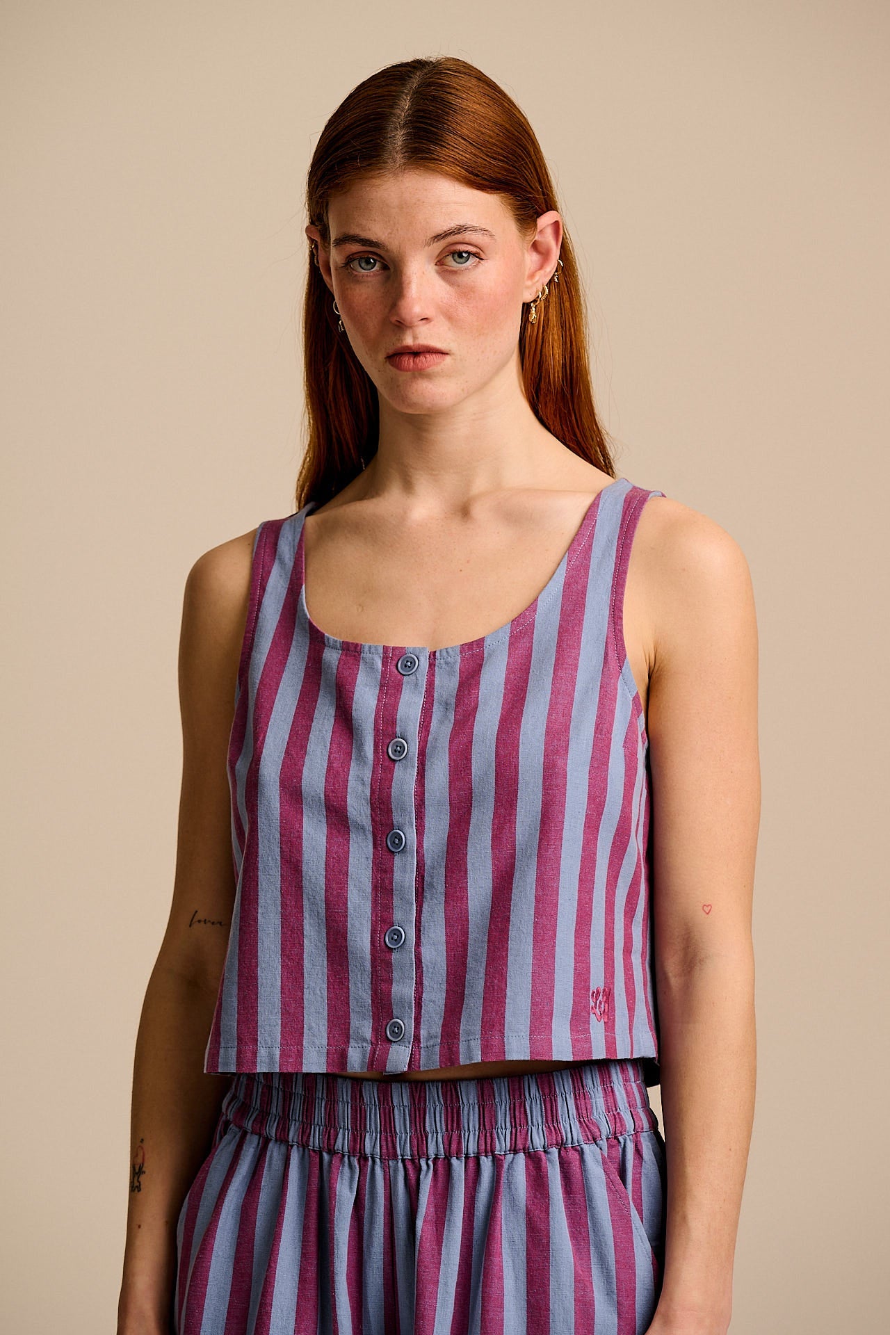 Etoile - Cotton Button Up Tank in Burgundy & Blue Stripe