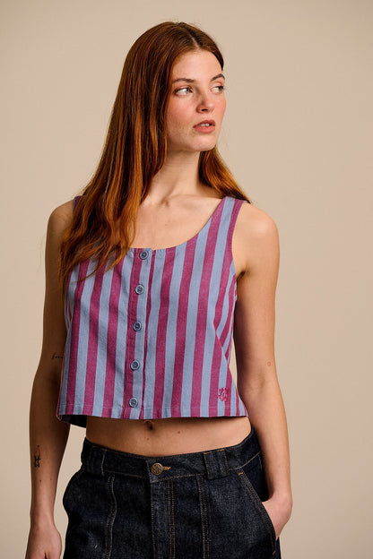 Etoile - Cotton Button Up Tank in Burgundy & Blue Stripe