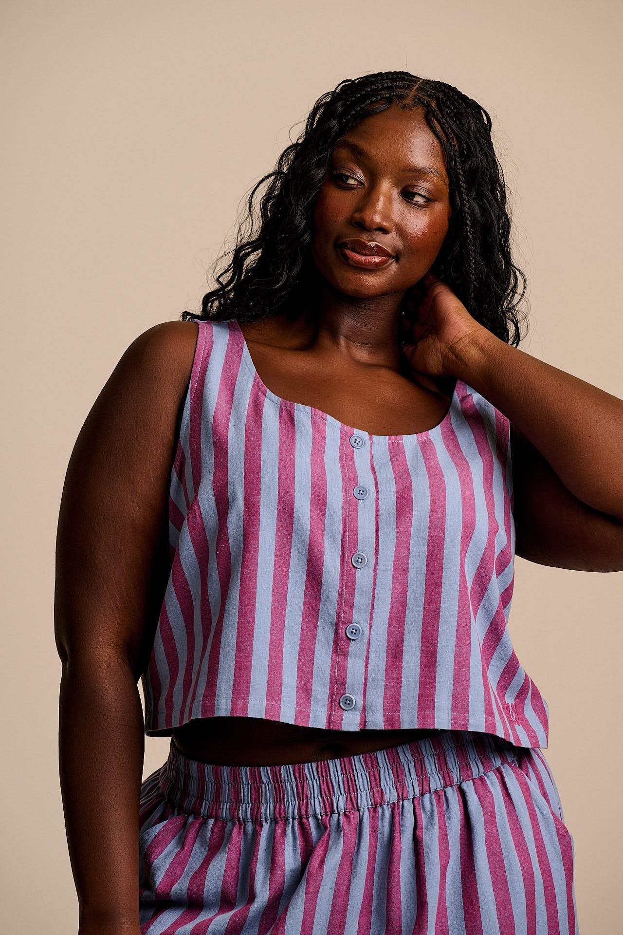 Etoile - Cotton Button Up Tank in Burgundy & Blue Stripe