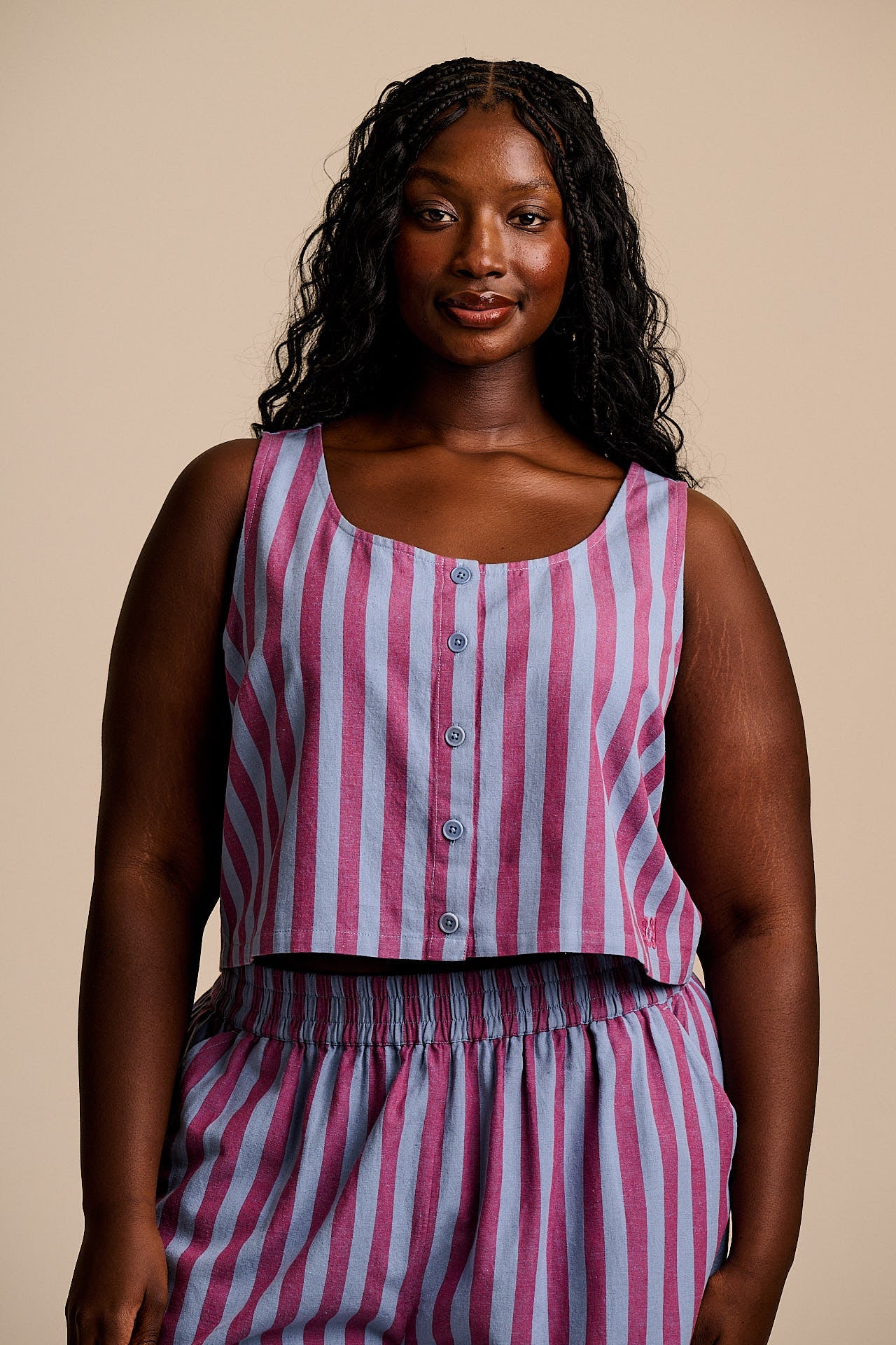 Etoile - Cotton Button Up Tank in Burgundy & Blue Stripe