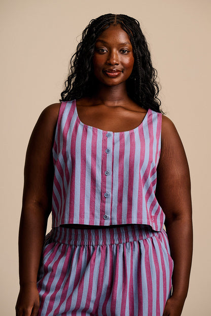 Etoile - Cotton Button Up Tank in Burgundy & Blue Stripe