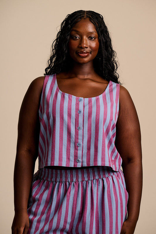 Etoile - Cotton Button Up Tank in Burgundy & Blue Stripe
