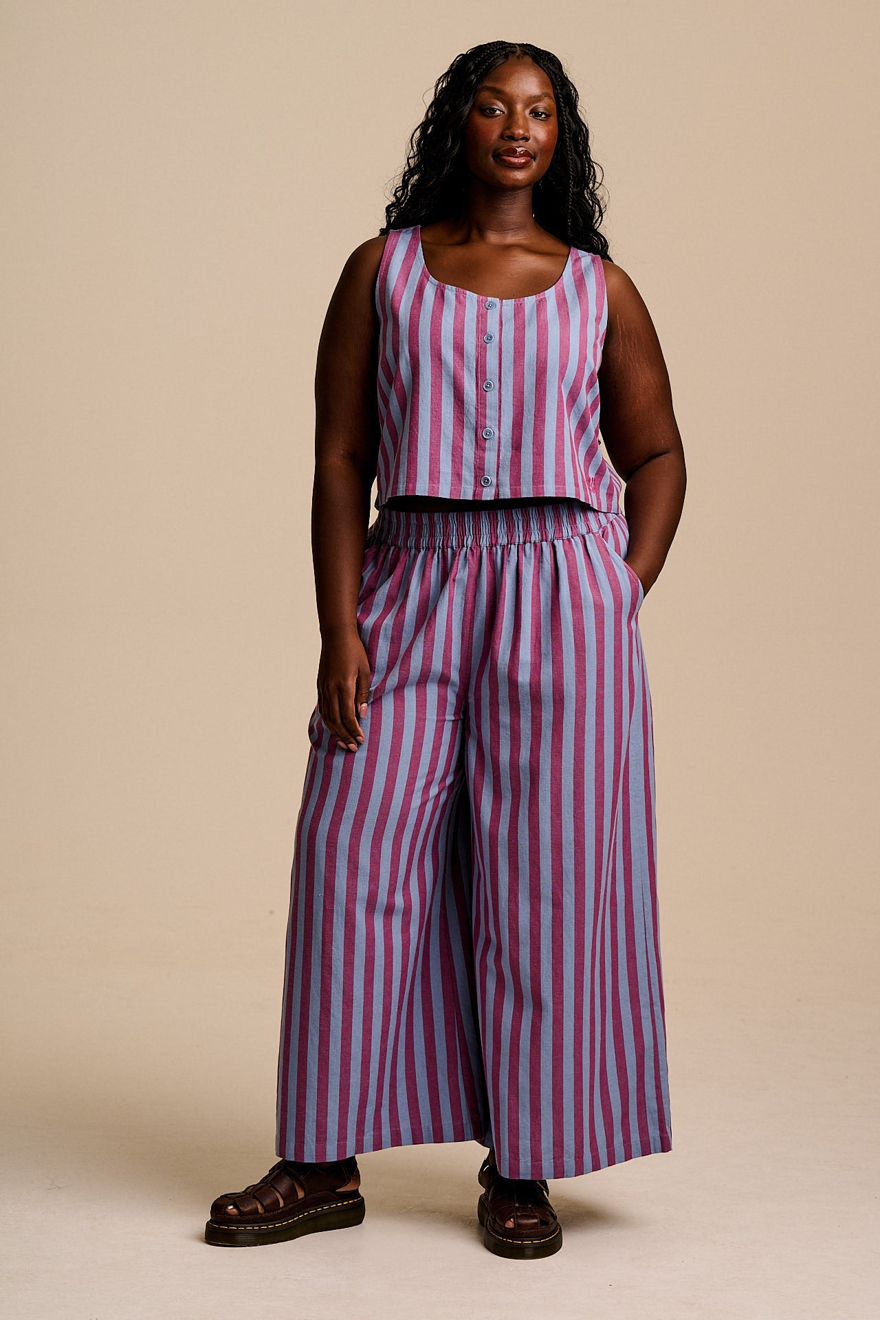 Etoile - Cotton Button Up Tank in Burgundy & Blue Stripe
