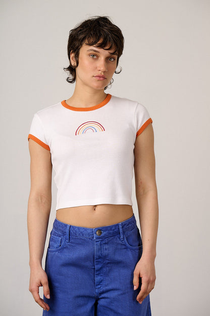 Fenn - Cotton Baby Tee in White with Rainbow Embroidery