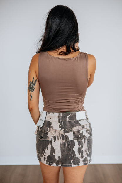 Peyton Hidden Denim Skirt - Cow Print