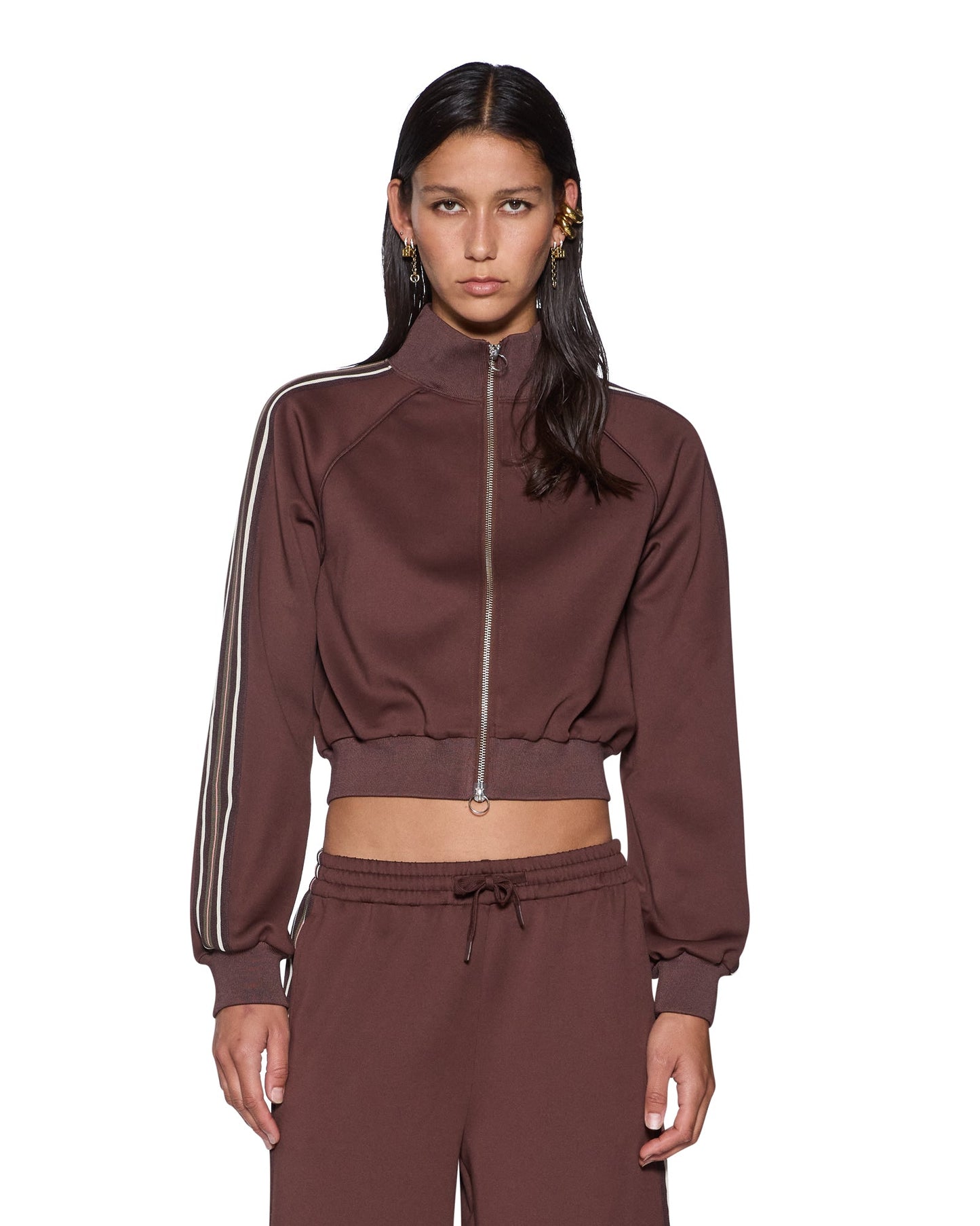 CROPPED ZIP TRAK TOP MOCHA