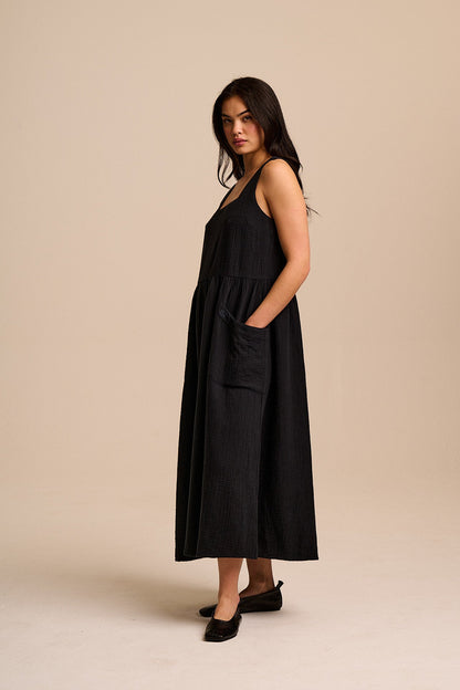 Florie - Cotton Midi Dress in Black