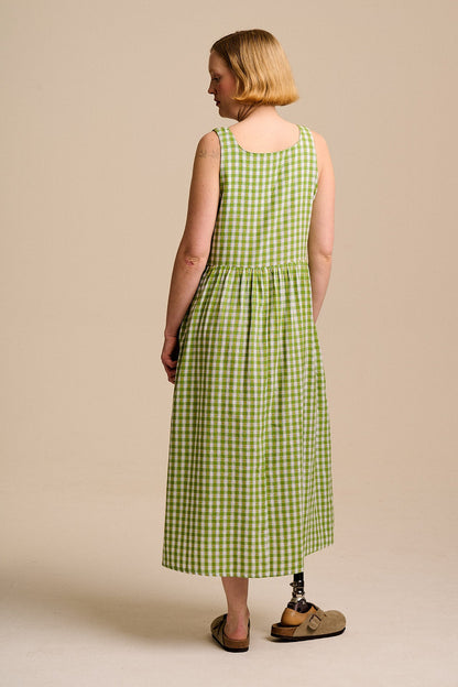 Florie - Cotton Midi Dress in Green & White Tulip Gingham