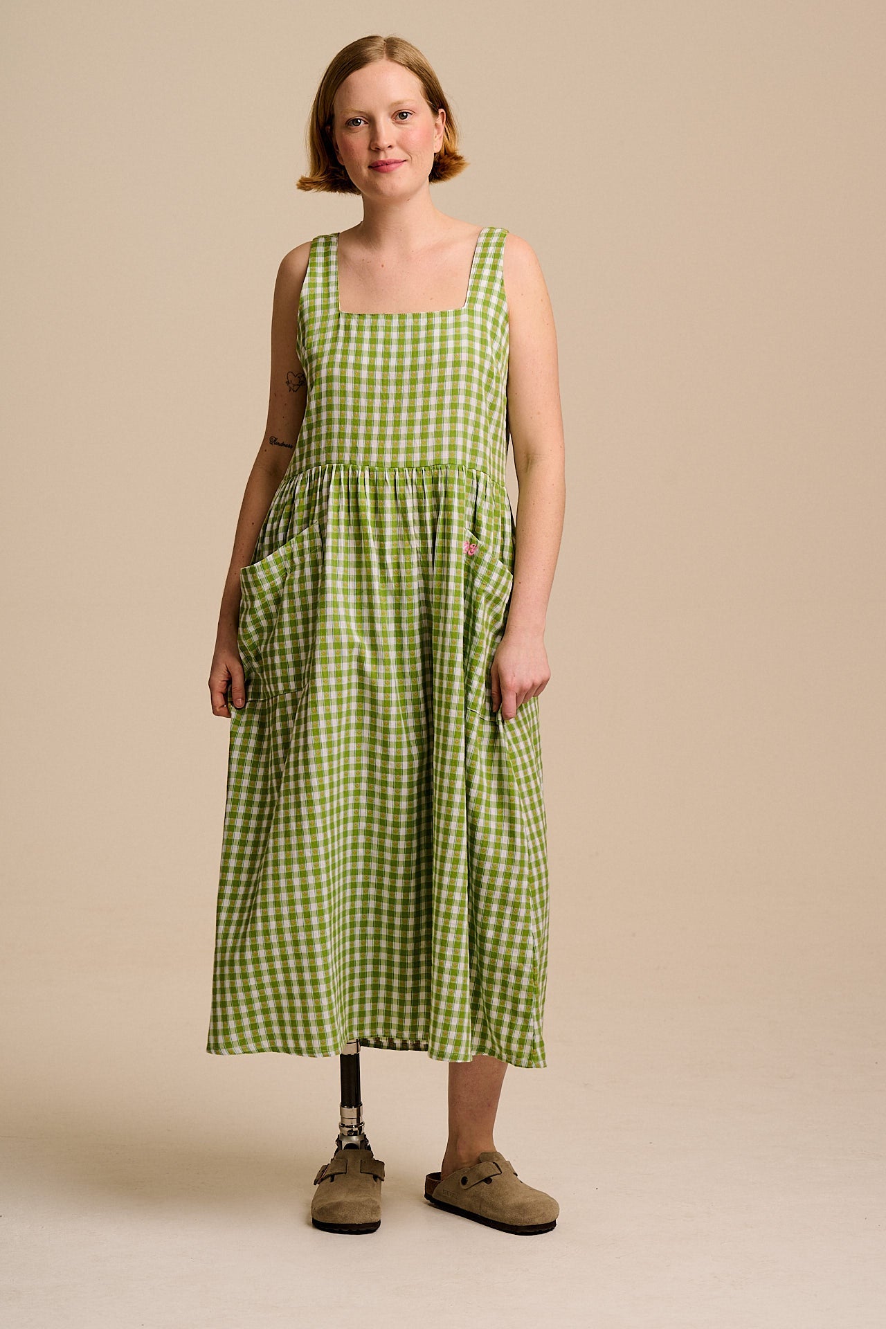 Florie - Cotton Midi Dress in Green & White Tulip Gingham