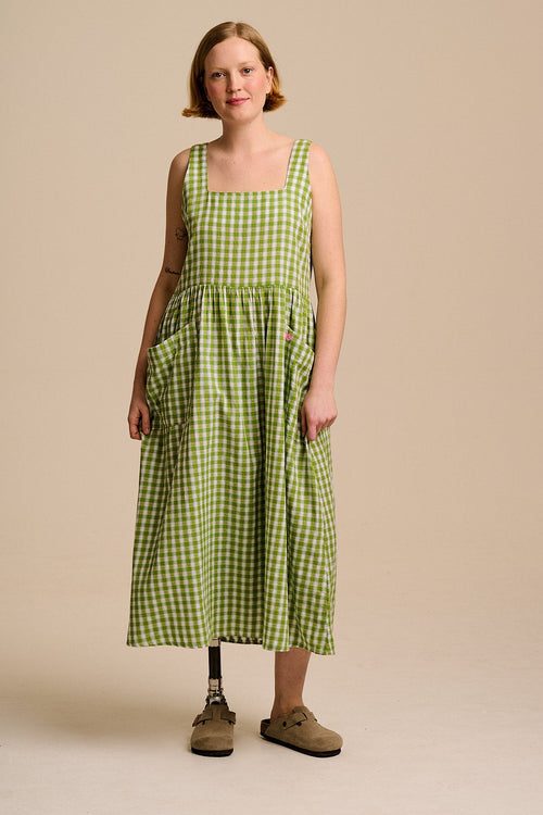 Florie - Cotton Midi Dress in Green & White Tulip Gingham