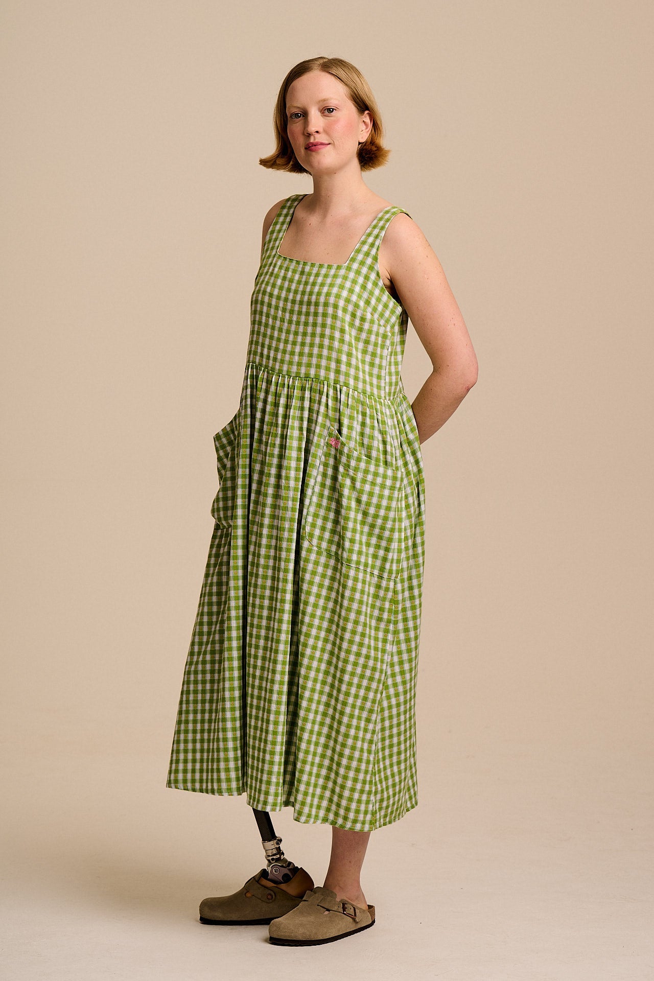 Florie - Cotton Midi Dress in Green & White Tulip Gingham