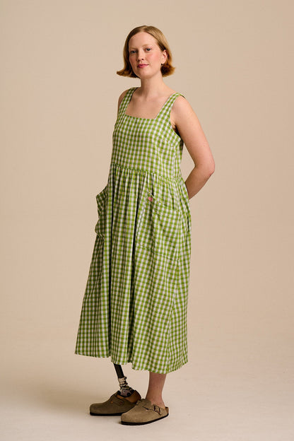Florie - Cotton Midi Dress in Green & White Tulip Gingham
