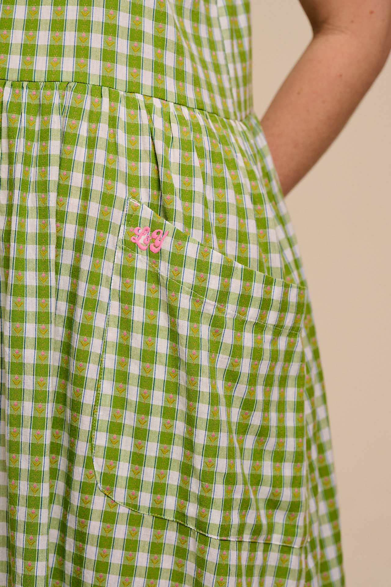 Florie - Cotton Midi Dress in Green & White Tulip Gingham