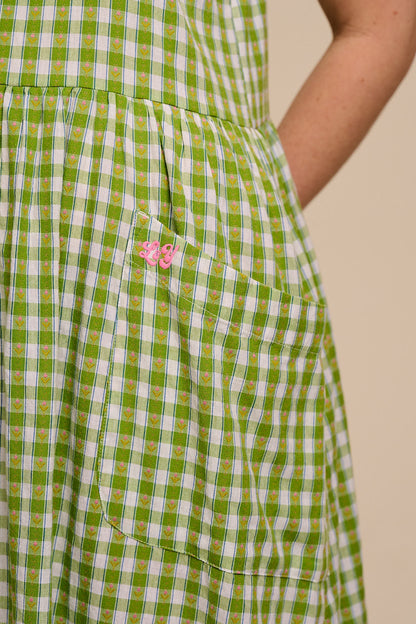 Florie - Cotton Midi Dress in Green & White Tulip Gingham