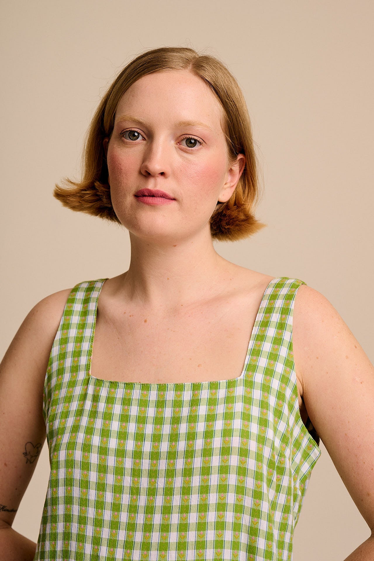Florie - Cotton Midi Dress in Green & White Tulip Gingham
