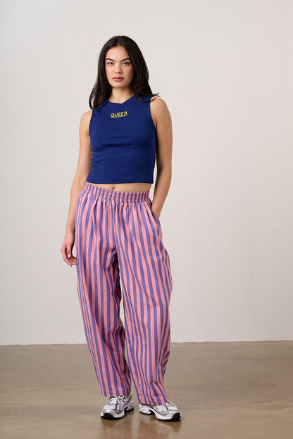 Bee Illustrates Pride 2026 - Freddie - Barrel Leg Cotton Trousers in Pink & Blue Stripe