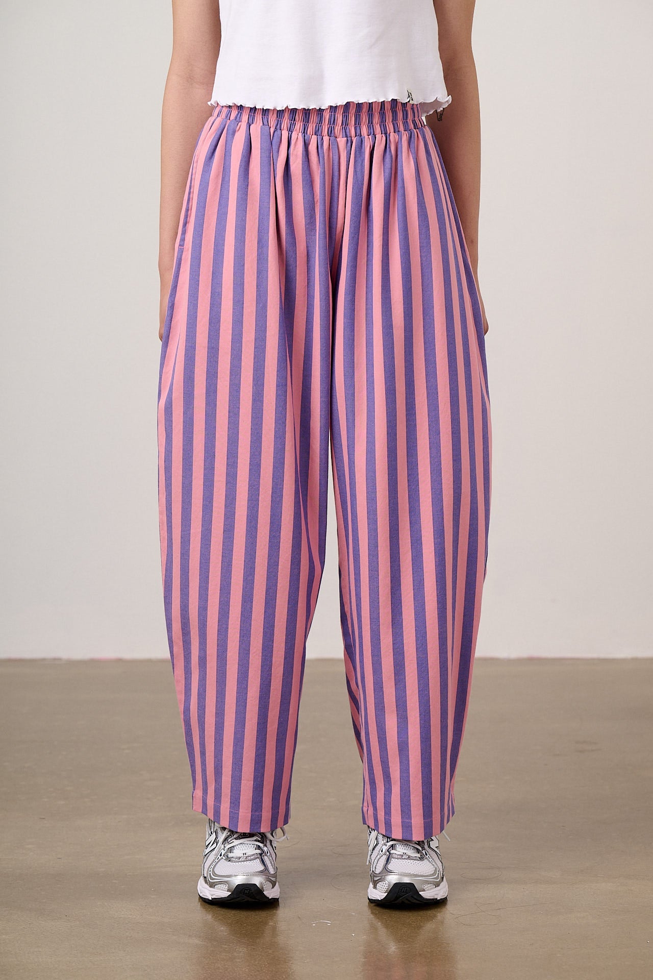 Bee Illustrates Pride 2026 - Freddie - Barrel Leg Cotton Trousers in Pink & Blue Stripe