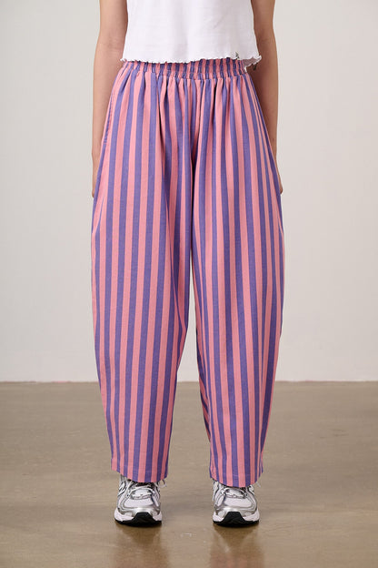 Bee Illustrates Pride 2026 - Freddie - Barrel Leg Cotton Trousers in Pink & Blue Stripe