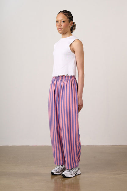 Bee Illustrates Pride 2026 - Freddie - Barrel Leg Cotton Trousers in Pink & Blue Stripe
