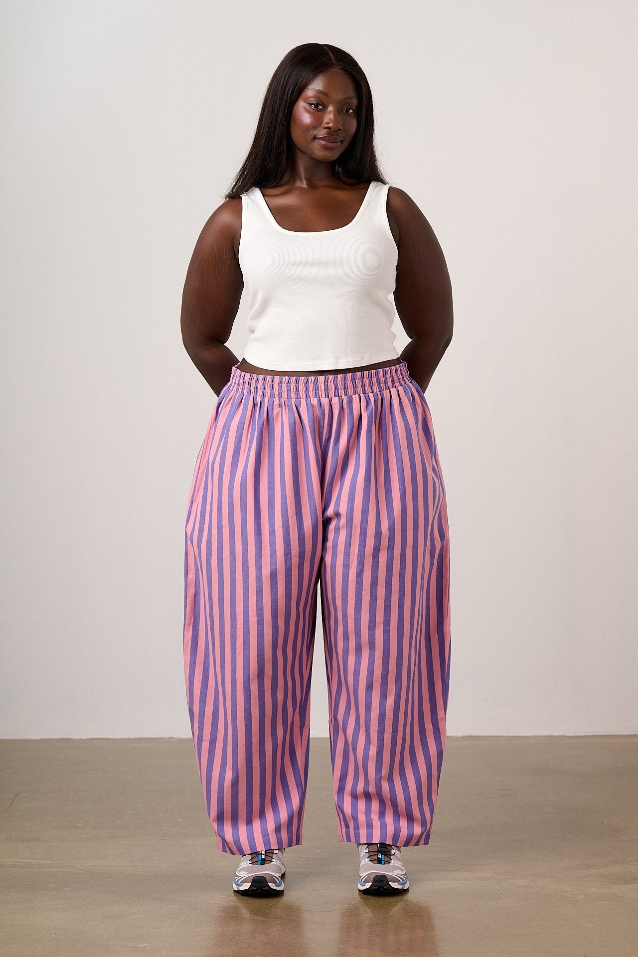 Bee Illustrates Pride 2026 - Freddie - Barrel Leg Cotton Trousers in Pink & Blue Stripe