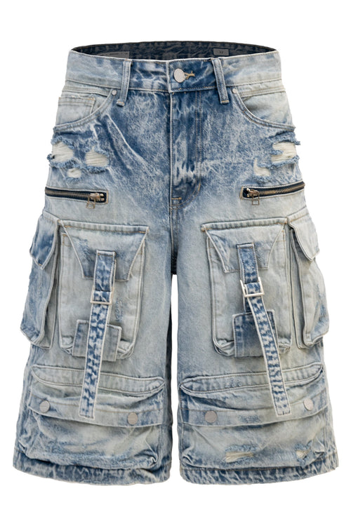 Men's Utility Acid Washed Baggy Cargo Denim Shorts