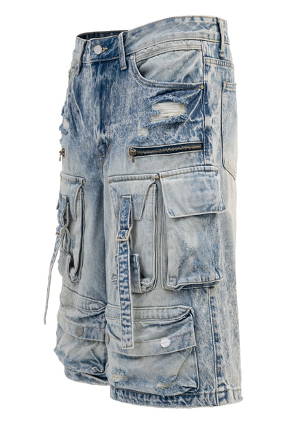 Men's Utility Acid Washed Baggy Cargo Denim Shorts